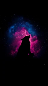 Silhouetted wolf profile against magenta and blue nebula field.