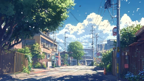 Sunlit suburban street extends toward distant station