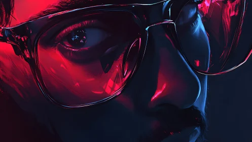Close-up digital portrait with neon reflections on glasses.