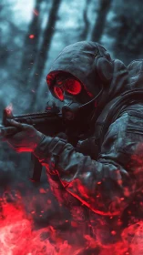 Digital painting of tactical soldier in red-azure volumetric fog.