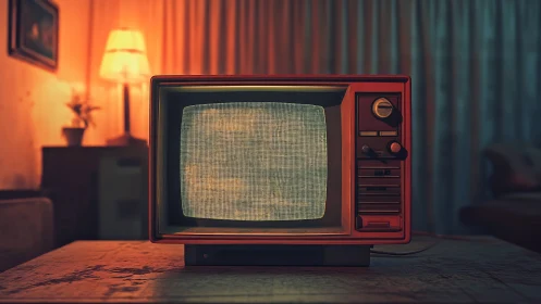 Vintage CRT television in dim living room interior setting.