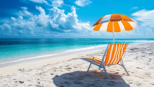 Orange and White Beach Umbrella on Sandy Shore.