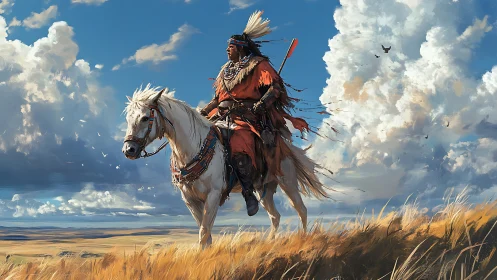 Horseback rider surveying plains under towering clouds.