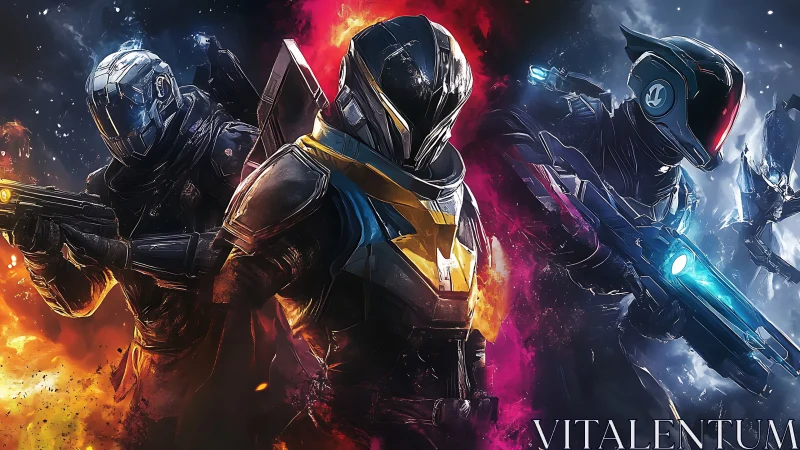 Tri-vector exosuit operatives amid elemental combat fields.