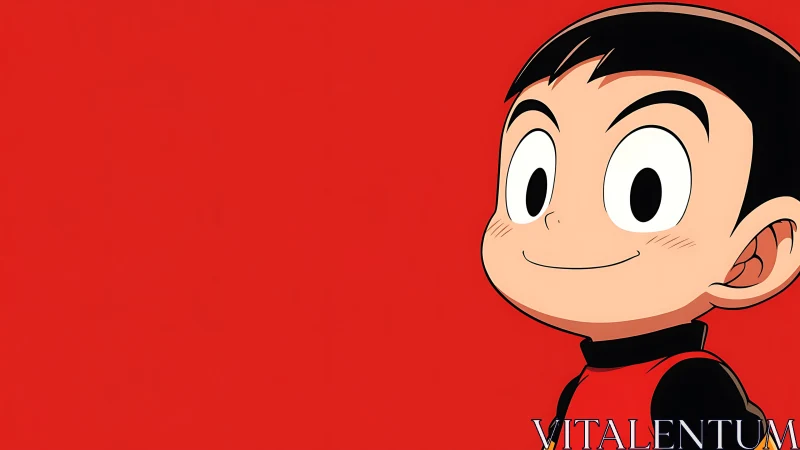 Smiling anime boy stands against a bold red backdrop