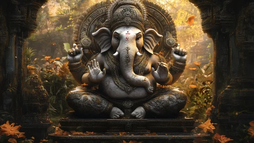 Stone elephant-headed deity sculpture in forest shrine.