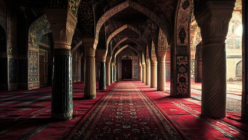 Sunlit arches and patterned carpets in a quiet mosque hall.