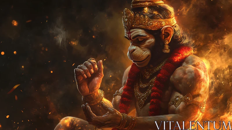 Mythic simian warrior in incendiary devotional aura.