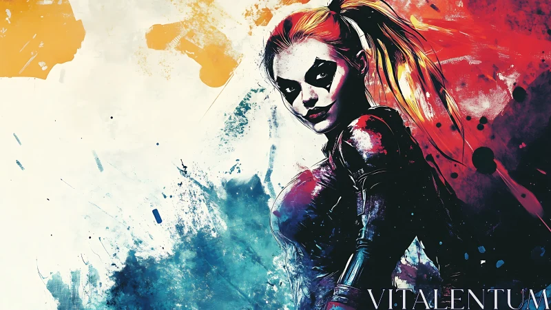 Bold female jester figure in vivid abstract color splash.