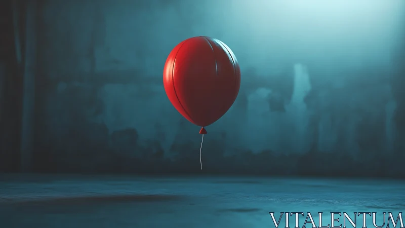 Red balloon floating alone in dim blue concrete room.