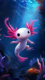 Whimsical pink axolotl drifting through glowing reef depths.