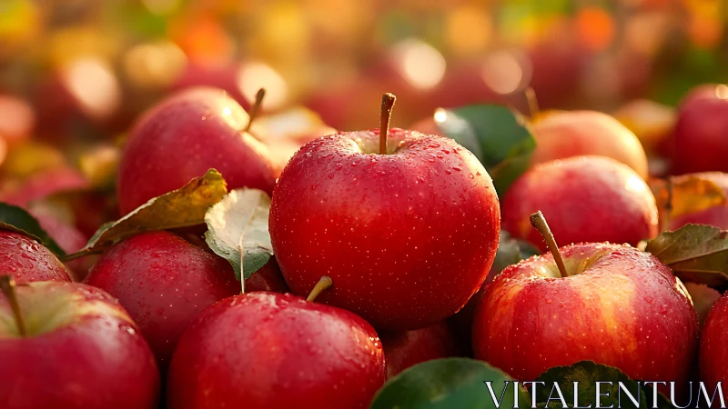 Red apples with leaves in shallow depth of field composition.