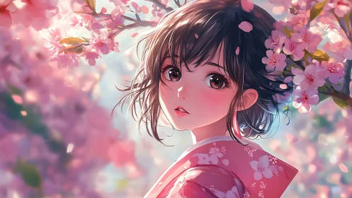 Anime portrait under cherry blossoms with soft bokeh focus.