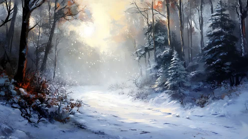 Snow-covered forest path under diffuse winter sunlight.