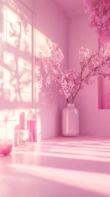 Pink interior with cherry blossoms and soft sunlight.