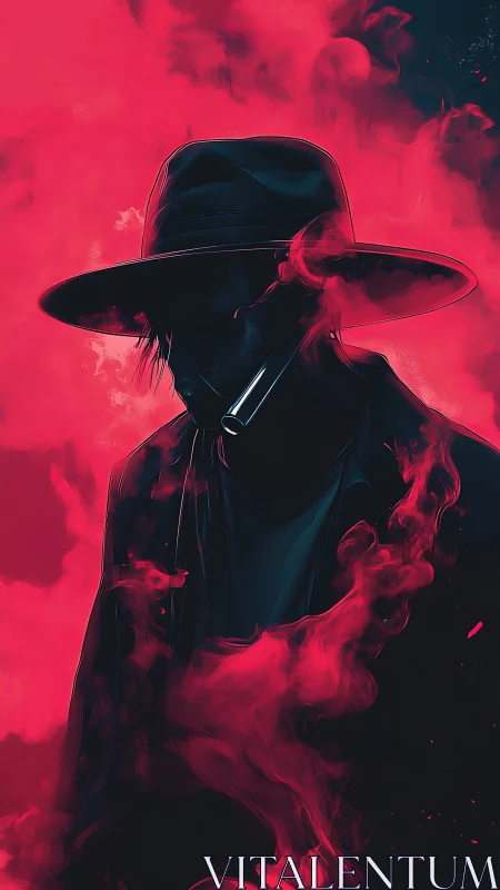Shadowed figure in hat immersed in neon red volumetric smoke