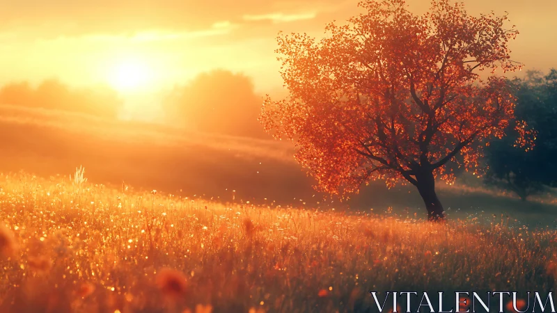 Golden sunrise meadow with a glowing autumn tree scene.
