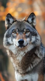 Golden forest wolf gazes calmly with bright, alert eyes