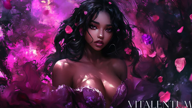 Dark haired woman in purple dress amid pink petals.