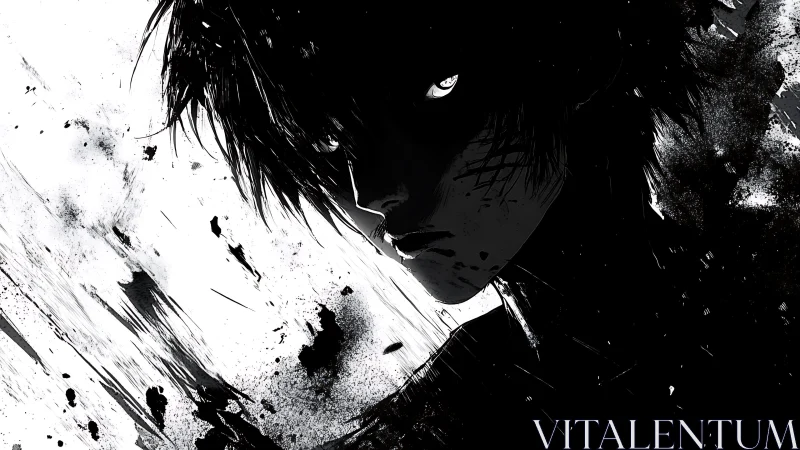 High-contrast ink-anime portrait with splatter dynamics.