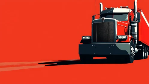 Bold red semi truck in minimalist highway composition.