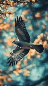 Gentle pigeon gliding through dreamy teal and gold light.