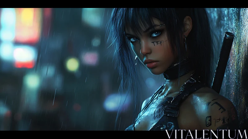 Neon rain drifter with steady gaze and quiet rebellion.