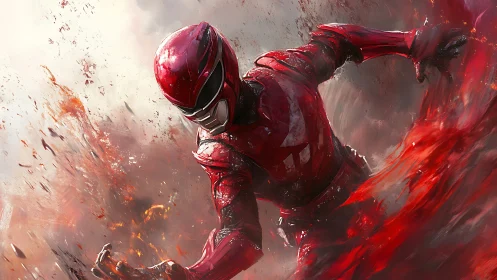Armored red hero charging through explosive crimson energy.