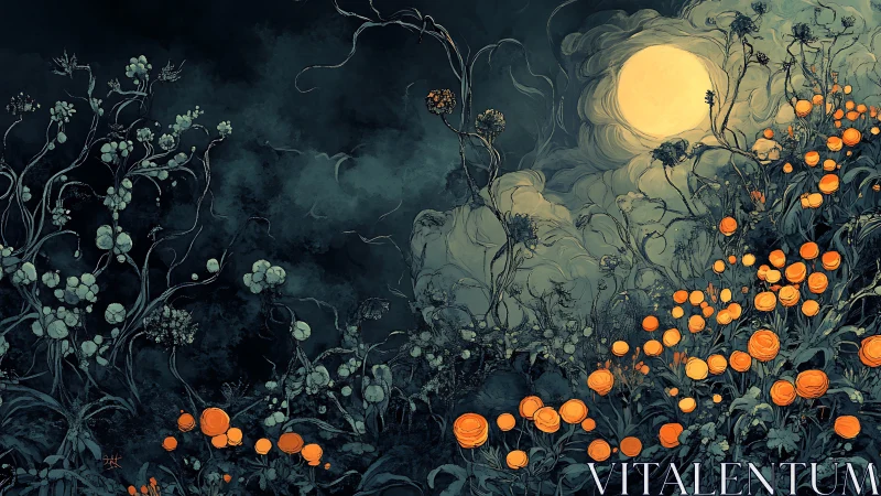 Moonlit hillside shows glowing orange flowers under night sky