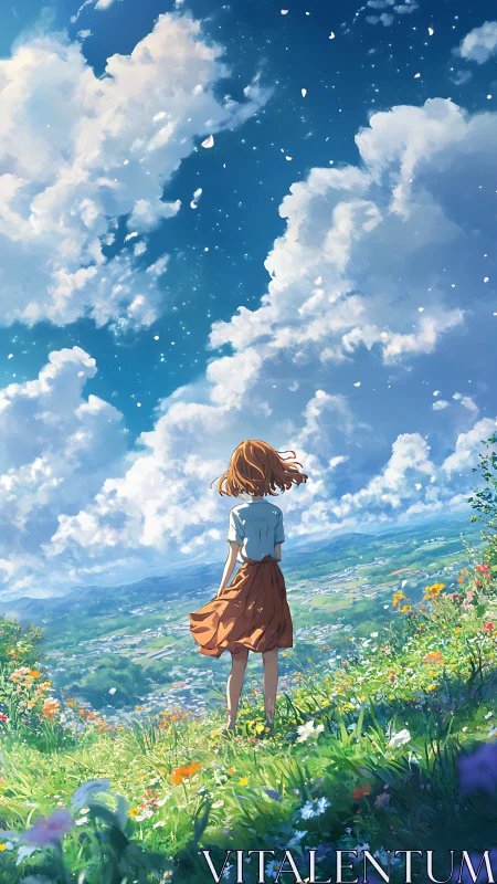 Anime hillside vista with backlit girl and expansive skyscape.