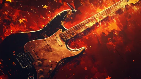 Weathered electric guitar on abstract red star field.