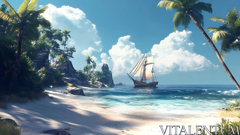 Sailing vessel anchored near tropical island coastline