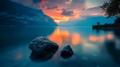 Mountain lake shoreline with rocks at vivid sunset light.