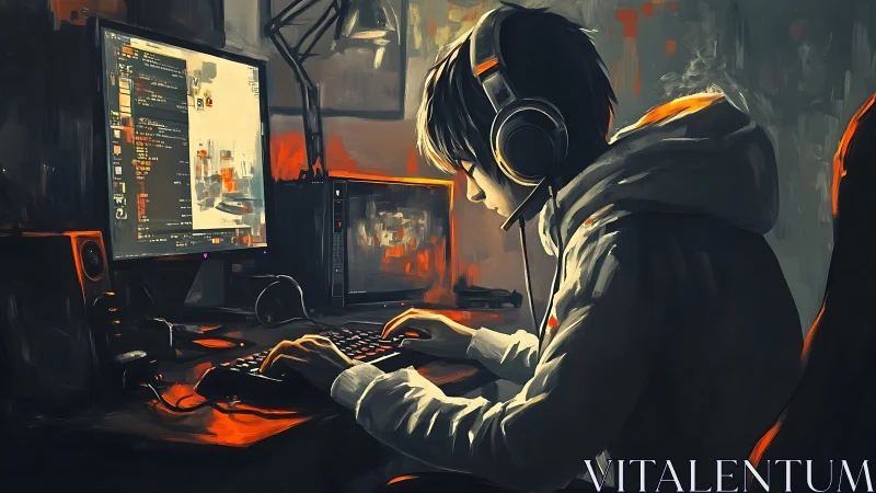 Headphoned computer user at dual monitors in dark room.