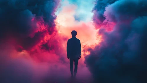 Backlit silhouette immersed in dense bicolor atmospheric fog field