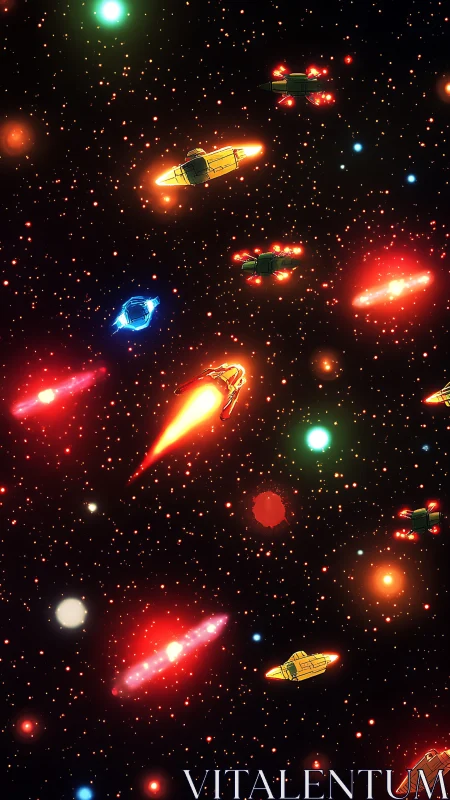 Colorful sci fi spacecraft scattered across starfield.