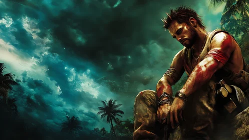 Battle-worn mercenary resting under storm-laden jungle sky.