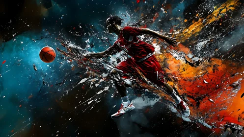 Dynamic digital painting of explosive basketball drive.