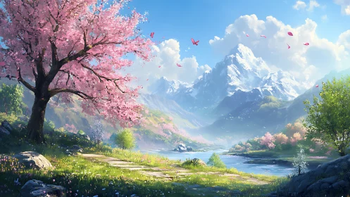Cherry blossom valley under luminous alpine peaks.