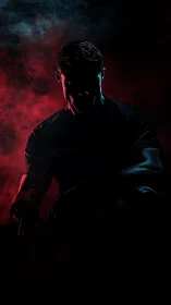 Moody athlete in red and blue smoke, resting in shadowed focus.