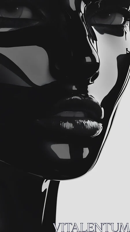 Glossy monochrome close-up of stylized human face.