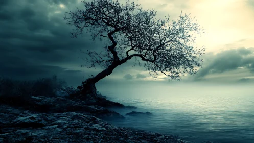 Solitary Tree by Misty Lake at Dawn in Moody Landscape Style.