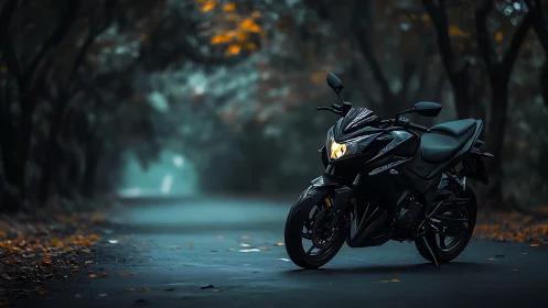 Sport motorcycle in cinematic low-key forest roadway scene.