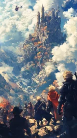 Skybound citadel above clouds with approaching knights