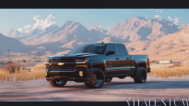 Mountain light crowns a custom pickup prowling desert flats