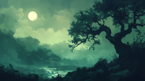 Nocturnal river valley under full moon with twisted tree silhouette