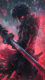 Hooded anime swordsman holds glowing blade in red smoke