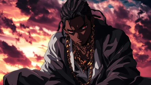 Intense anime antihero crouches under blazing sunset sky.