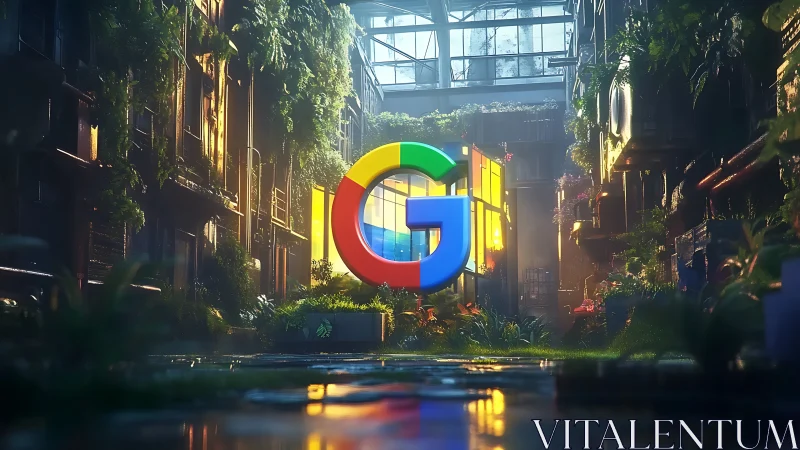 Large colored G logo stands in overgrown industrial courtyard