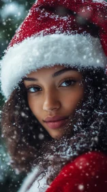 Snow-soft gaze beneath a cozy red Christmas Santa hat.